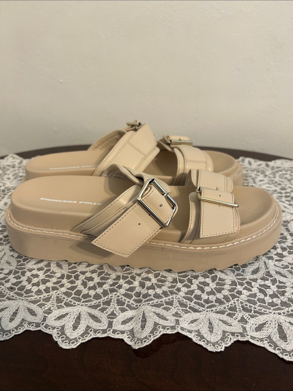 Princess Polly Tan Double-Buckle Platform Slide Sandals Size 8